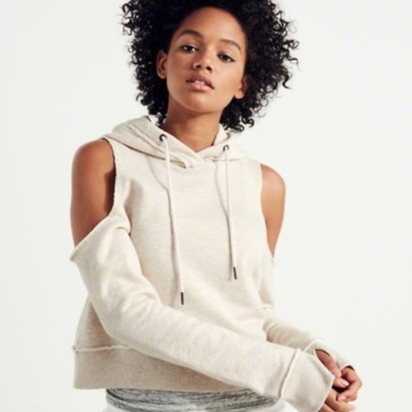 Hollister Sweaters - Oatmeal Colored Cold Shoulder Boxy Crop Hoodie